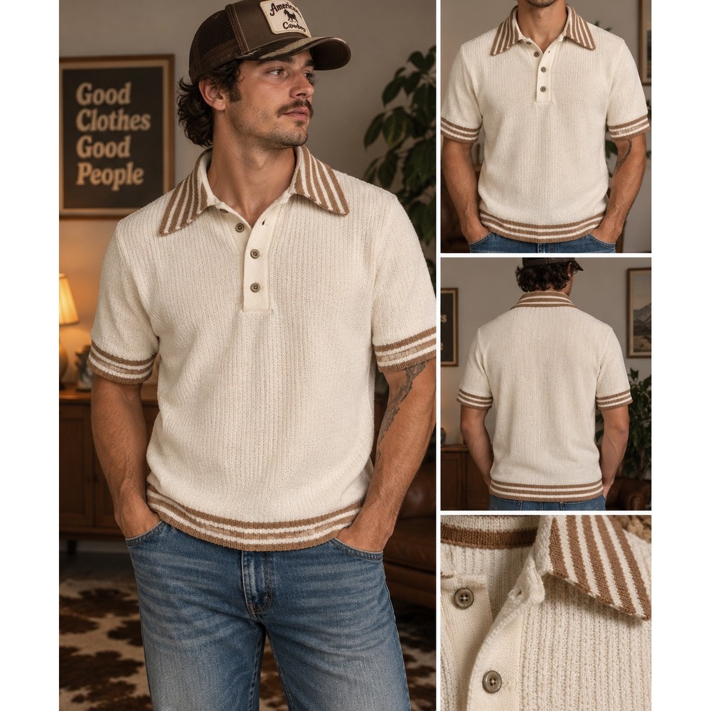 Trend Fashions Vintage 1960s Knit Polo Shirt S Cream Brown Striped 100% Dacron